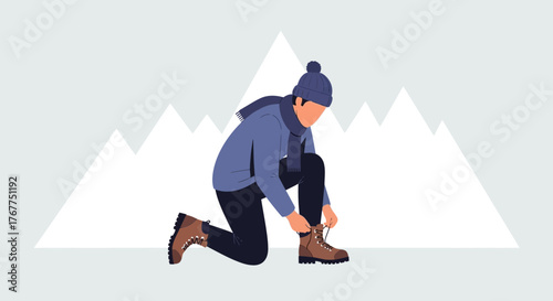 Adventurer Prepares For The Alpine Excursion Featuring Winter Attire And Rugged Boots