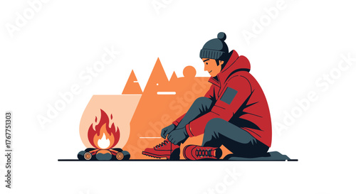 Adventurer Prepares For The Journey At Campfire With Mountains During The Day