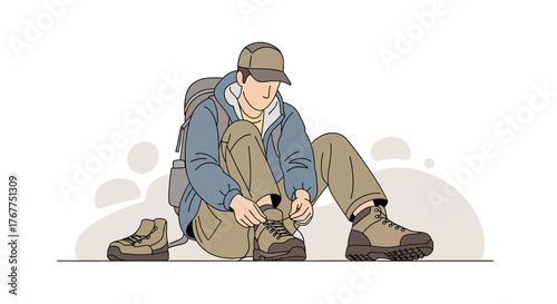 Adventurer Prepares For The Journey By Tying Boot Laces And Readying Equipment