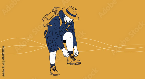 Adventurer Prepares To Set Out For Excursion, Tying Up Boots With Backpacker Gear