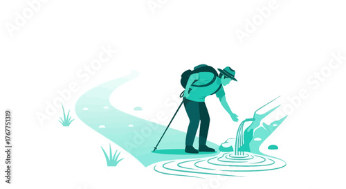 Adventurer Reaches Refreshing Water Source in Remote Wilderness, Enjoying a Moment