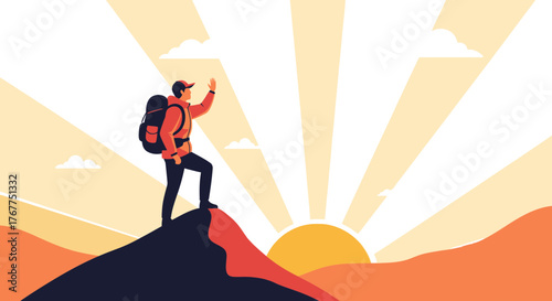 Adventurer Reaches Summit Celebrating Successful Journey Across Majestic Landscapes Overlooking
