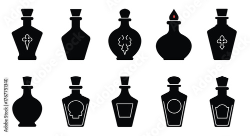 Collection of various black silhouette bottles with unique decorative designs