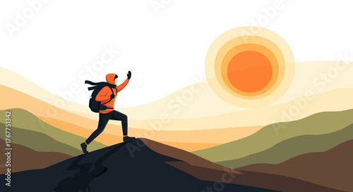 Adventurer Reaches Summit Celebrating Successful Hike And Overcoming Obstacles Ascending Up The