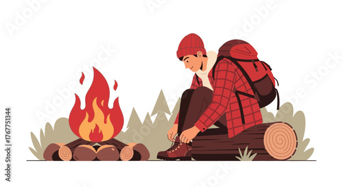 Adventurer Prepares For The Journey At Campsite Near The Warmth Of Campfire