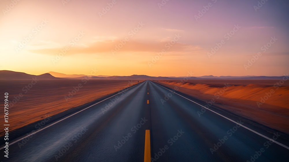 Naklejka premium Endless desert highway at sunset with orange and purple sky road