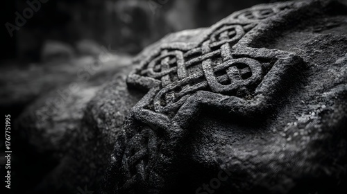 Close up of intricate Celtic knot carvings on an ancient weathered stone surface in monochrome
