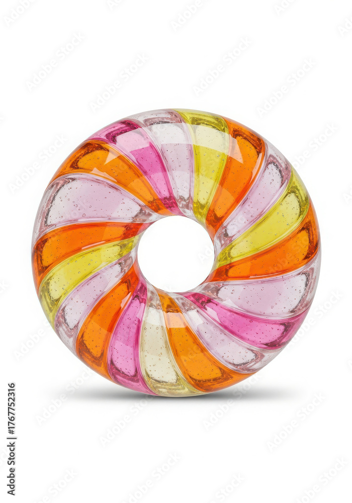 Fototapeta premium Colorful abstract donut shape with swirling stripes of pink orange and yellow