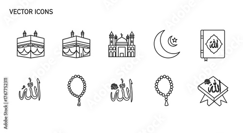 Line art vector icons depicting Islamic symbols and religious elements, suitable for design.