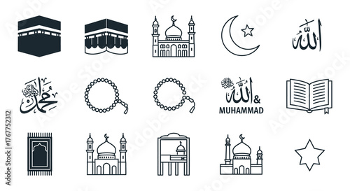 Collection of Islamic symbols and icons in black and white outline style.