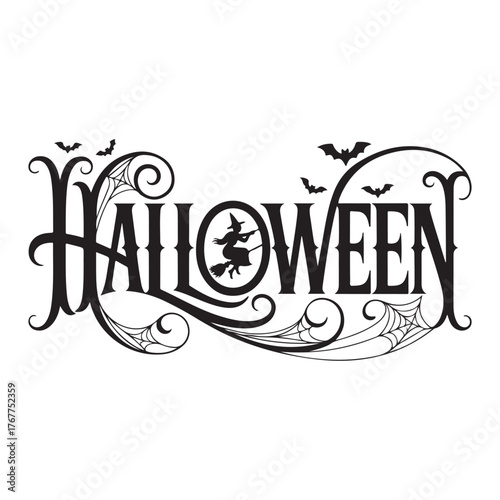 Halloween horizontal banner with vector logo. The inscription with ominous tree branches, bats and a pretty witch on a background of the full moon.