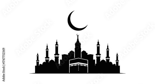 Silhouette of the Kaaba in Mecca with crescent moon above.