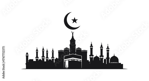 Islamic holy city skyline silhouette with mosques, minarets, and a crescent moon symbol.