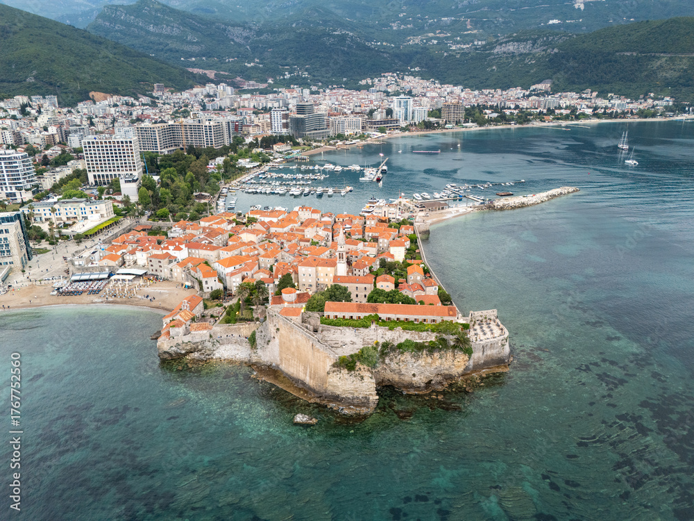 Fototapeta premium Budva Old Town aerial view in Montenegro