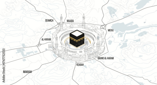 An overhead schematic illustration of the Kaaba in Mecca, Saudi Arabia, surrounded by roads and topographical lines.