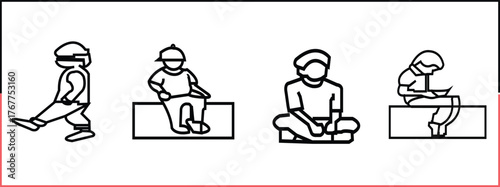 Minimalist black and white outline icon set showing four figures sitting in different poses: with legs dangling, on a bench, cross-legged on the floor, and resting while looking down. Ideal for UI UX 