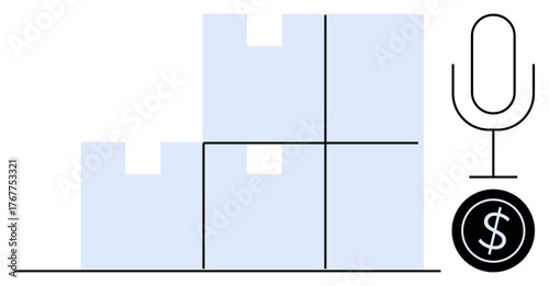 Minimalist design with stacked blocks symbolizing structure, a microphone for communication, and a dollar sign for financial growth. Ideal for business, finance, logistics, communication, planning