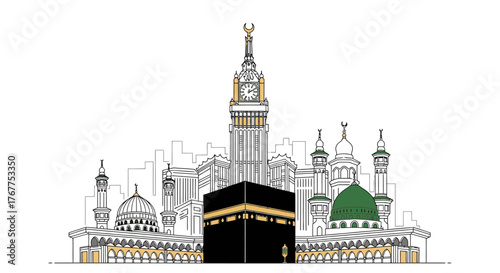 Illustration of the Masjid al-Haram in Mecca, Saudi Arabia.