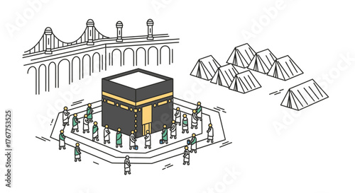Illustration of the Kaaba in Mecca, Saudi Arabia, with pilgrims and tents.