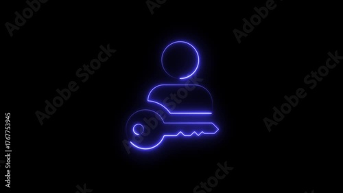 Glowing neon key icon animation,Glowing neon key icon 4k isolated on black background, turquoise color key icon glowing neon key animation 4k video motion footage,