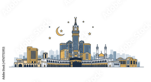 Illustration of the Mecca skyline featuring the Abraj Al-Bait Towers and the Kaaba.