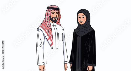 An illustrated Arab man and woman standing together in traditional Middle Eastern attire.