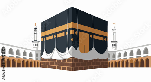 The Kaaba, the holiest site in Islam, is depicted in a detailed illustration with surrounding architecture.