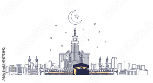 Line art illustration of Mecca skyline with the Kaaba and Abraj Al-Bait Clock Tower under a crescent moon and stars, depicting an Islamic holy city.