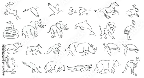 Wild and farm animal silhouette collection with elephant tiger bear horse cow dog cat rabbit pig giraffe and bird in simple black vector cartoon style
