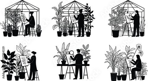 Artists drawing plants in greenhouses, botanical illustrators at work, creative people sketching nature indoors surrounded by tropical foliage and potted greenery