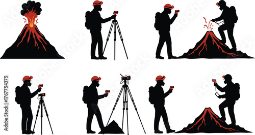 Volcanologists studying active volcano eruption with thermal cameras and tripods, lava monitoring, geology research, volcano science exploration, field scientist silhouettes