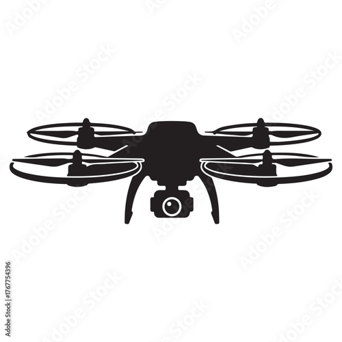Silhouette of a Quadcopter Drone with Camera on White Background Keywords: drone, quadcopter, aerial