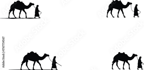 Camel and nomad silhouettes walking in desert, Arabian caravan journey, Sahara expedition, Bedouin traveler leading camel, traditional desert travel