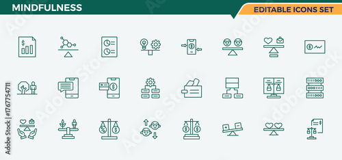 Mindfulness vector icon set. Contain linear sign balance, meditation, relaxation, health, relax and more. Balance icon pack. Modern thin line style icons. Editable stroke. Pixel Perfect.