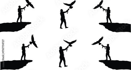 Falconry silhouettes of falconers training raptors, hawks and eagles on cliffs, bird of prey handling, wildlife training and hunting art