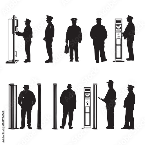 Security personnel silhouettes standing guard at checkpoints and security stations