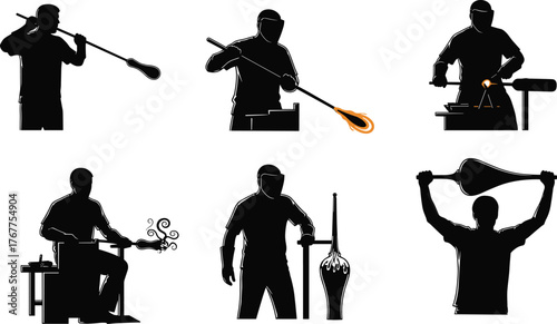 Silhouette of glassblowers creating glass art with molten glass, glassmaking process, craftsmanship, artisan skill, heat, fire and creativity
