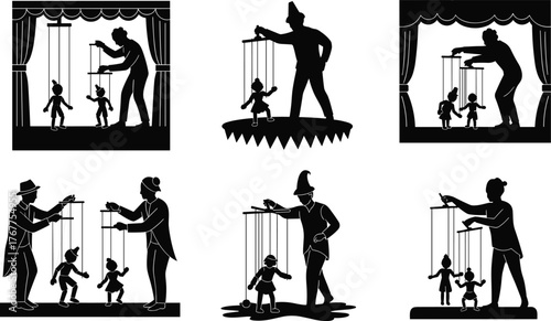 Silhouette of puppeteers controlling marionette dolls on stage, concept of manipulation, control, influence, theater performance and entertainment art