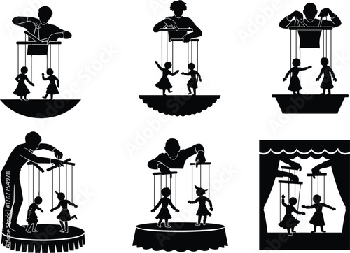 Silhouette of puppeteer controlling marionette dolls on stage, concept of manipulation, control, power, influence and theater performance art