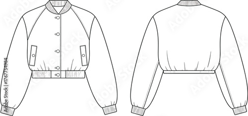 Front and back bomber jacket flat fashion technical sketch with rib hem cuff collar and button closure