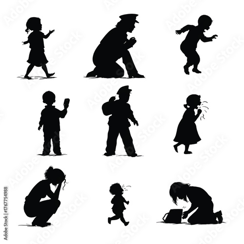 Silhouette illustrations of children and an adult in various poses and activities