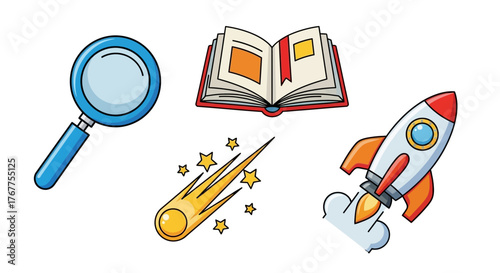 Cartoon Illustration of Discovery and Exploration Symbols for Learning and Development Concepts