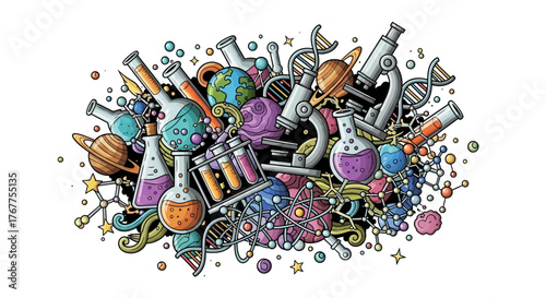 Whimsical science exploration a colorful cartoon composition symbolizing discovery and research