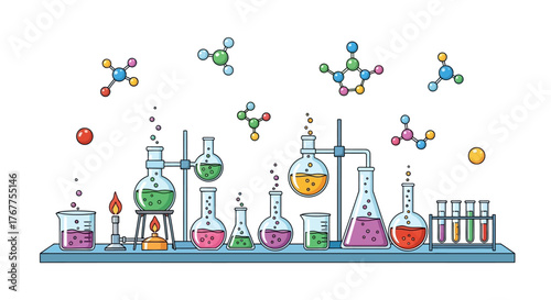 Colorful chemistry laboratory scene with glassware molecules and vibrant liquids science education