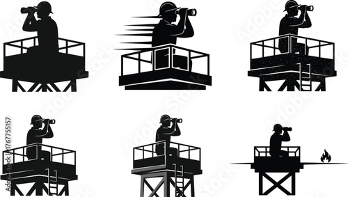 Silhouette of forest lookout rangers on observation towers using binoculars, watching for fire, wildlife or danger, safety surveillance concept