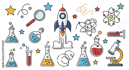Colorful science icons vector design featuring a rocket, beakers, microscope and atom models