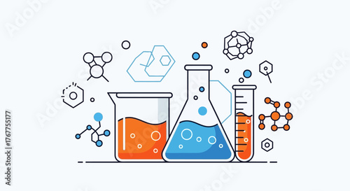 Illustrative depiction of laboratory glassware and molecular structures with vibrant hues and