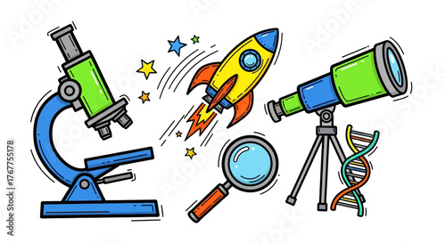 Colorful cartoon science tools symbolizing discovery research and exploration for learning resources