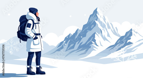 Adventurer Staring At Majestic Mountains Under A Snowy Sky During Winter Season