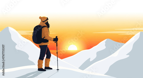 Adventurer Staring At The Sunrise Across The Snowy Mountains At High Altitude
